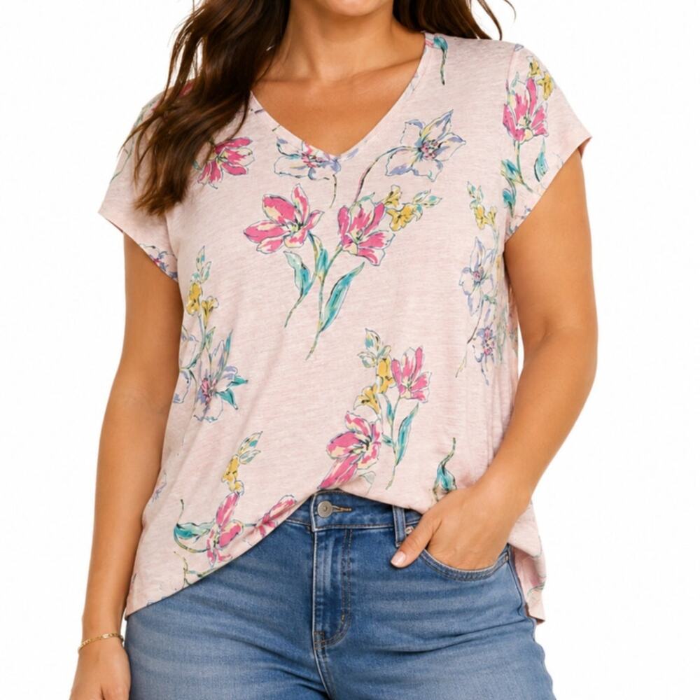 Rachel Roy 100% Linen Pink Floral Tee Size Medium